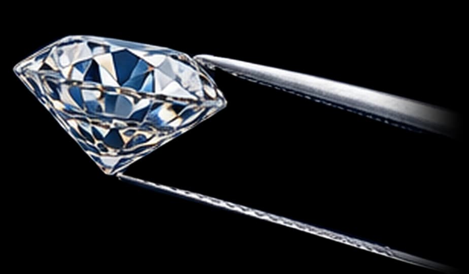 Angled diamond held by precision gemological laboratory tweezers